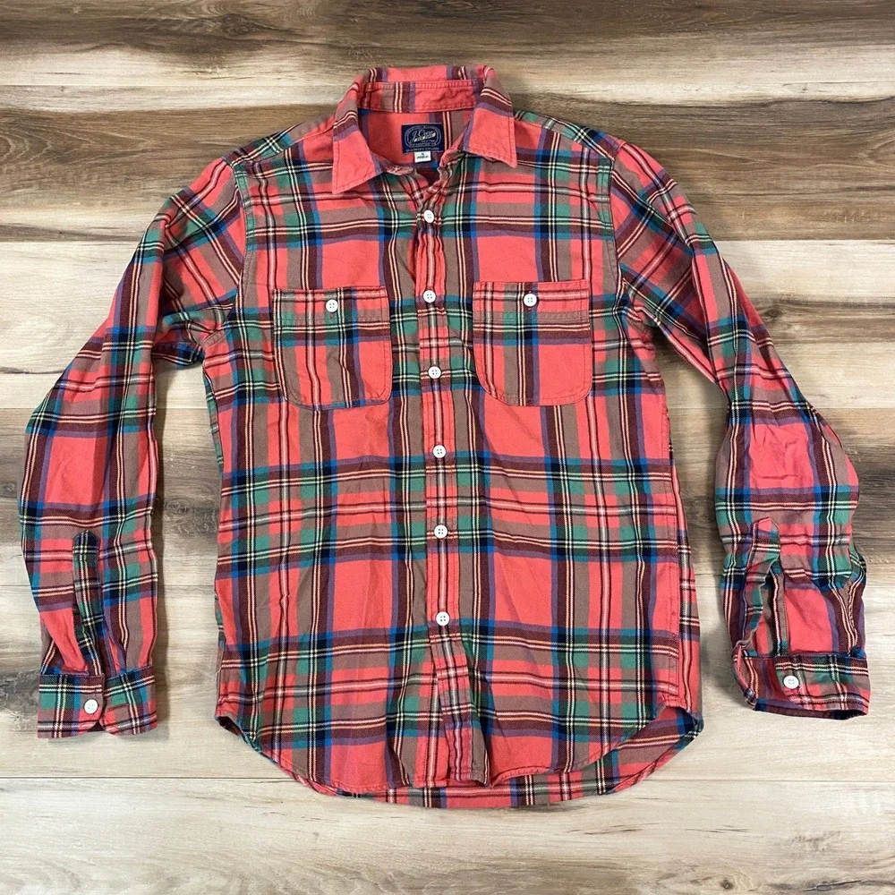 J. Crew‎ Flannel Shirt Mens Small Sportsmen's Outfitter Plaid Salmon Pink Green